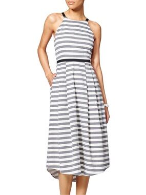 Hunter Bell Bella Maxi Dress Striped Lined Black Straps Pockets pleated Zip
